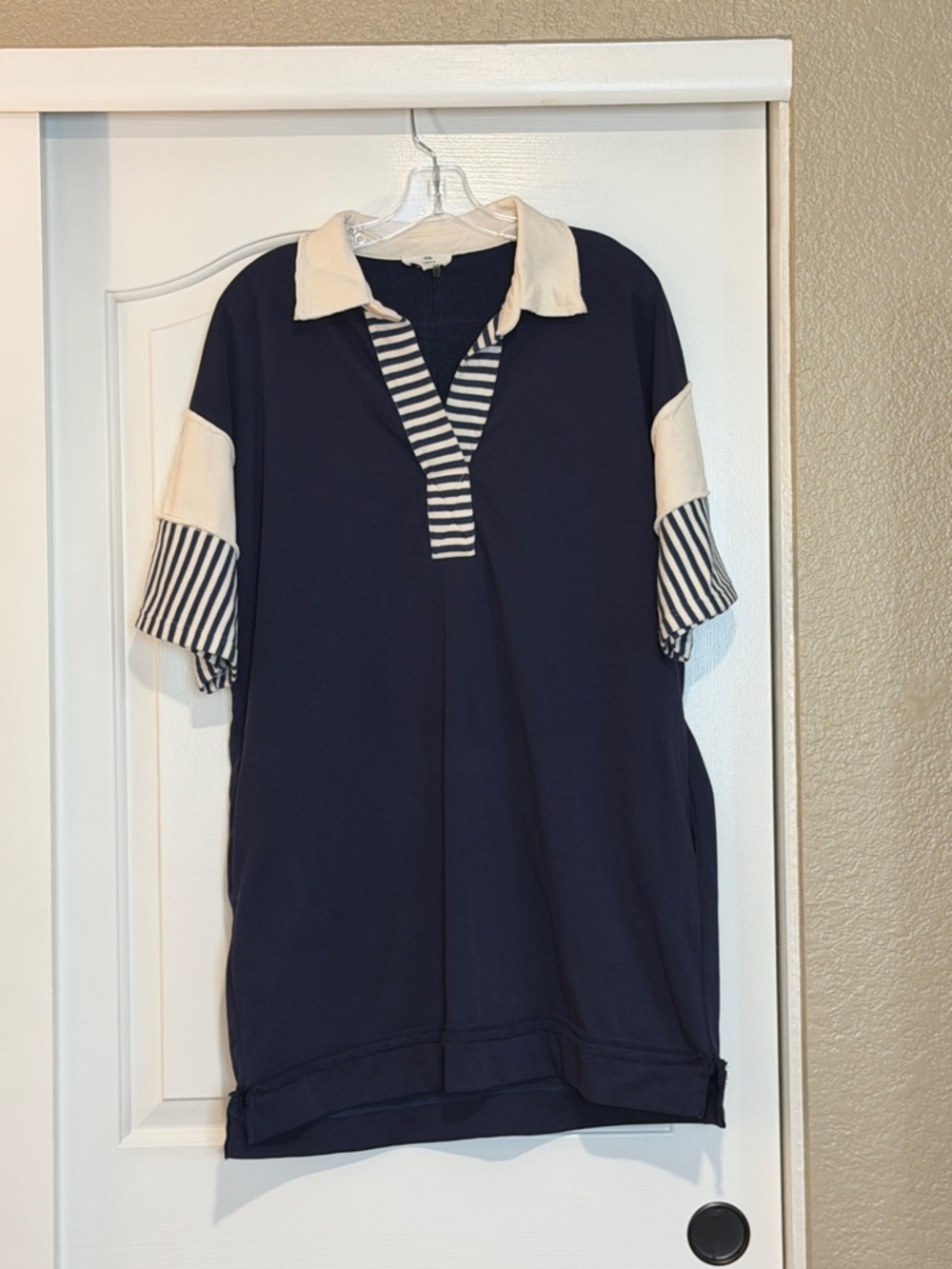 entro Navy Blue and Cream Striped Polo Midi Dress